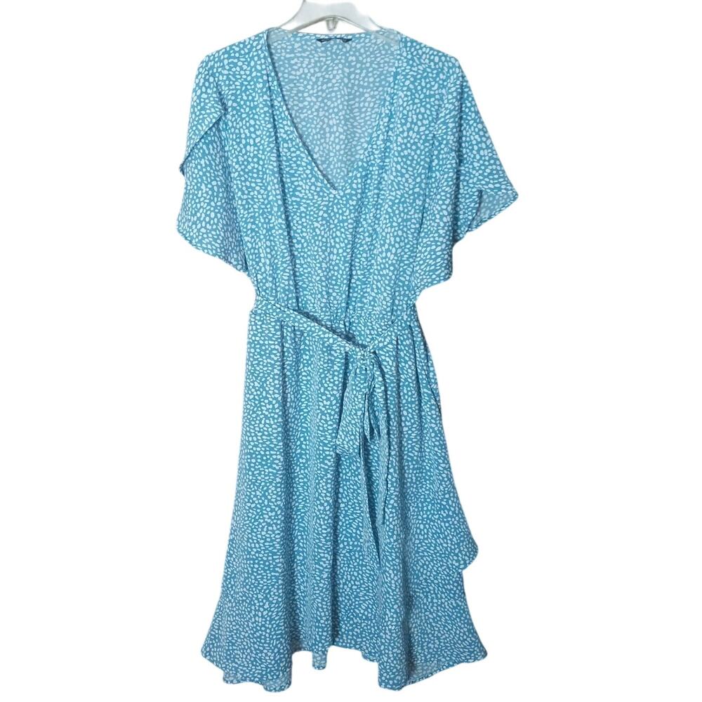 Bloomchic 22/24 3x Blue/ White Dot Split Sleeve A-Line Belted Ruffle  Dress